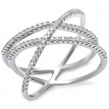 Crisscross Crossover X Ring Micro Round Pave Simulated CZ 925 Sterling Silver